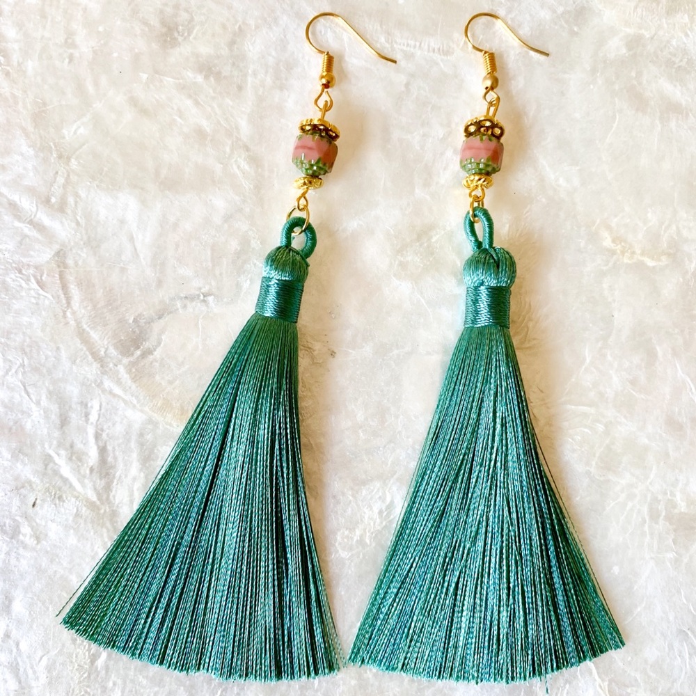 NEW Tassel Earrings - Handmade Jade Green & Gold